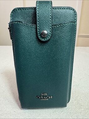 Coach Teal Pebbled Leather Crossbody Phone Pouch with Chain Strap